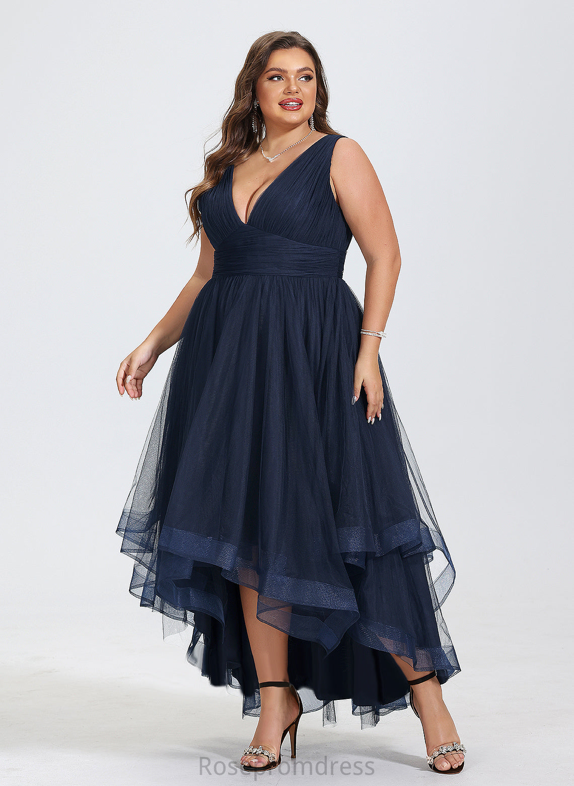 Tulle Pleated V-neck A-Line With Cascading Dress Asymmetrical Cocktail Cocktail Dresses Ruffles Nina