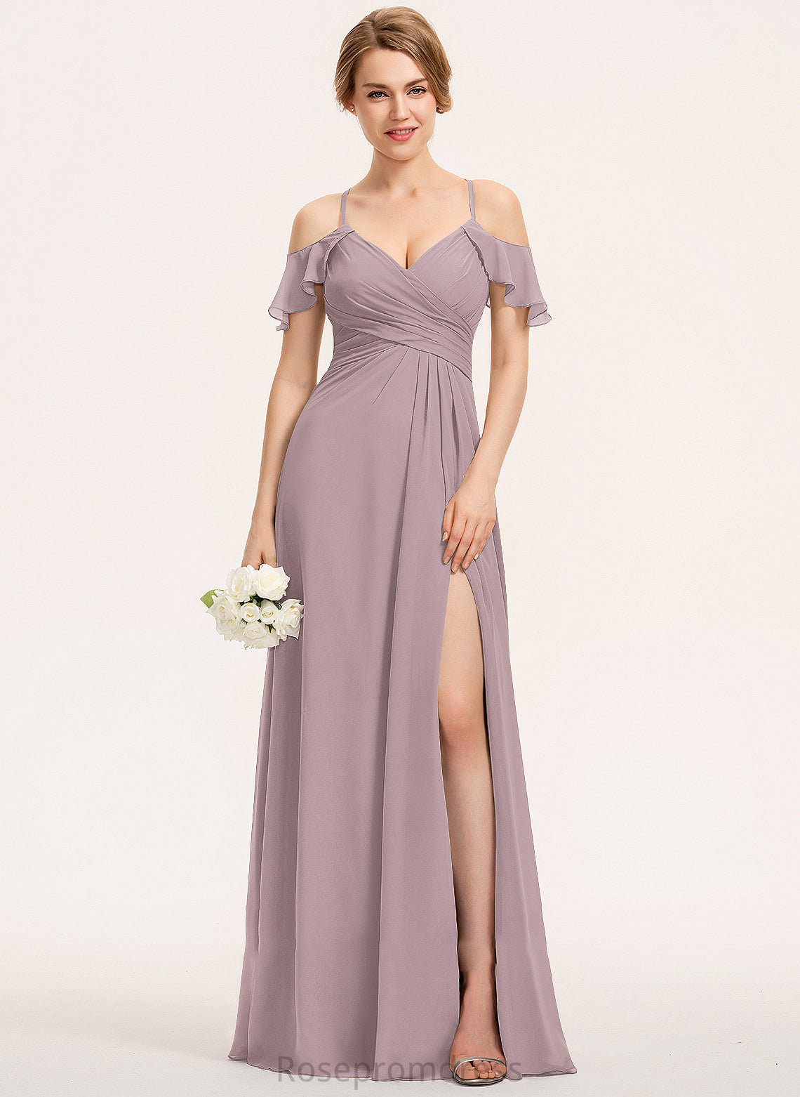 V-neck SplitFront Ruffle CascadingRuffles A-Line Length Neckline Floor-Length Silhouette Embellishment Fabric Kendall Bridesmaid Dresses