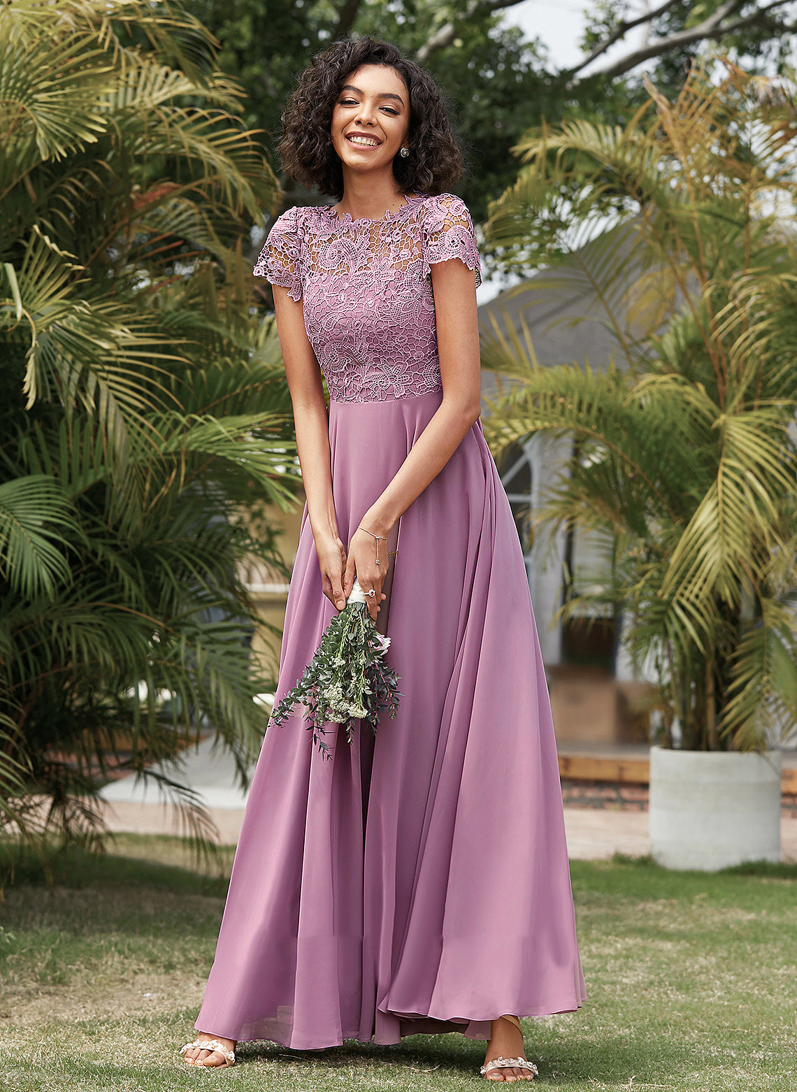 Length Floor-Length Fabric Straps&Sleeves Scoop Lace Silhouette A-Line Neckline Princess Bridesmaid Dresses