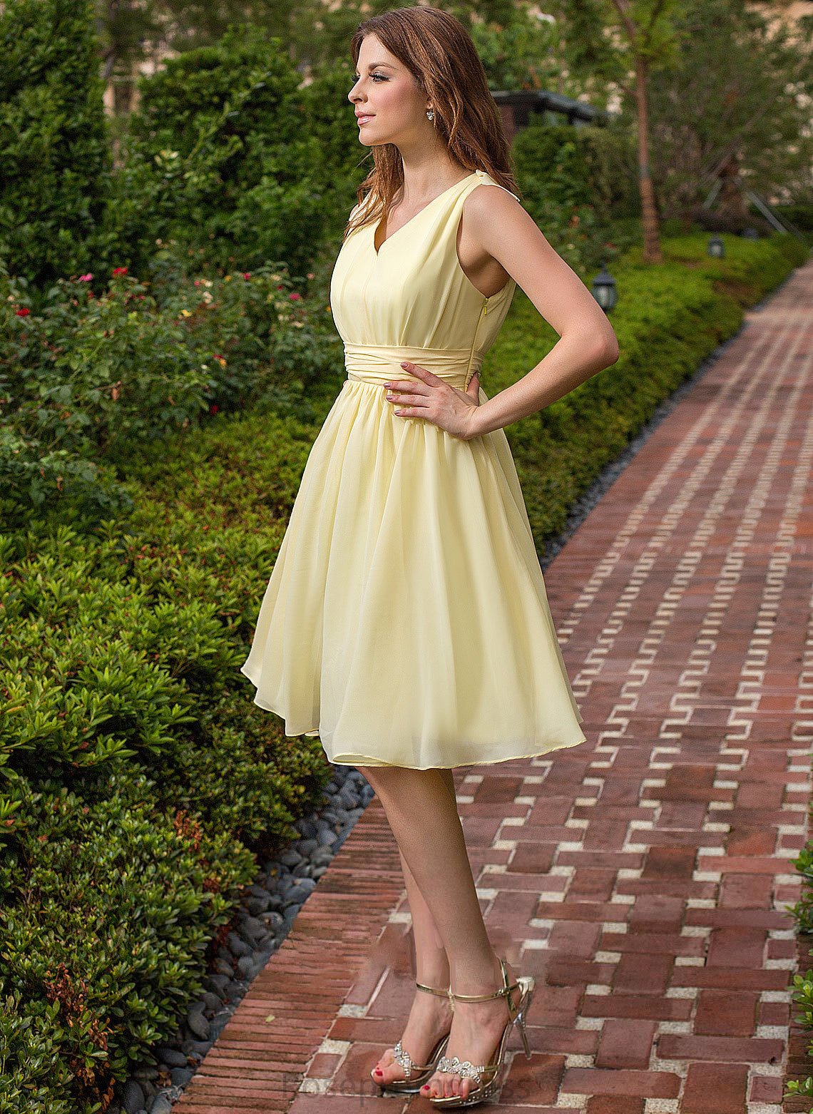 Bow(s) Silhouette Ruffle Knee-Length Fabric Neckline Embellishment A-Line V-neck Length Lana V-Neck Bridesmaid Dresses