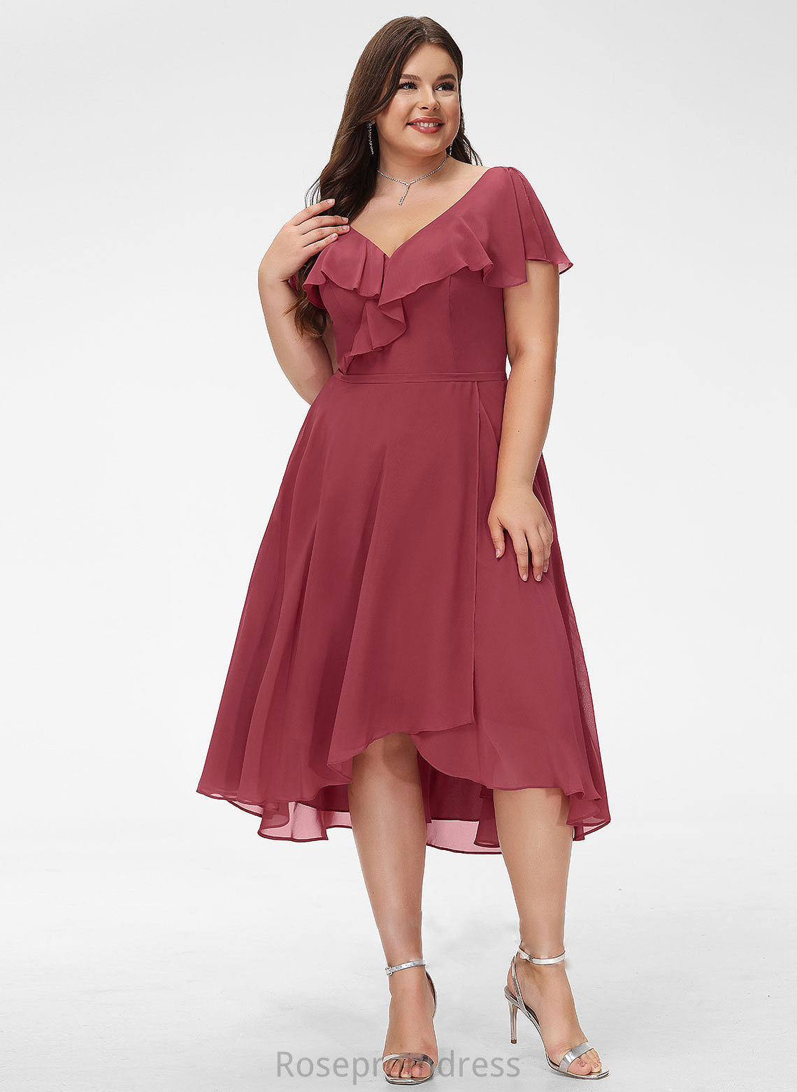 Neckline Fabric A-Line Silhouette Embellishment Length Ruffle V-neck Asymmetrical Violet Bridesmaid Dresses