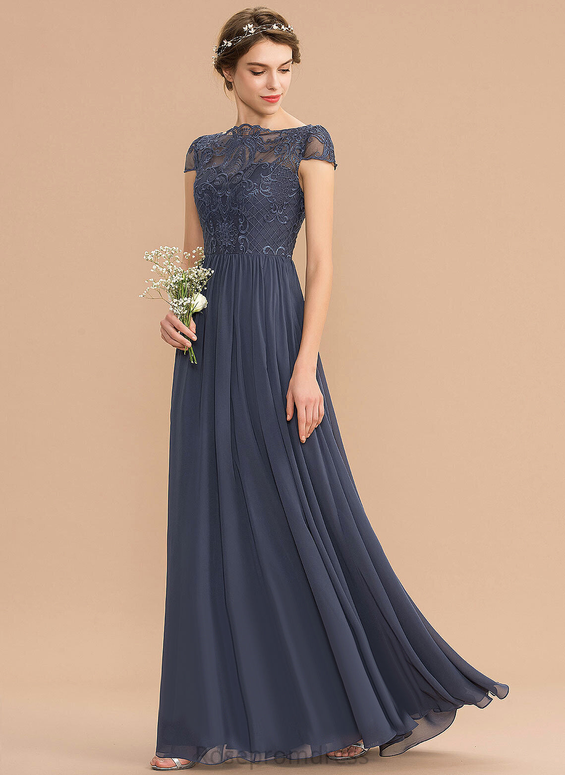 Length Fabric Neckline Silhouette A-line Lace Scoop Straps&Sleeves Floor-Length Allie Natural Waist Short Sleeves Bridesmaid Dresses