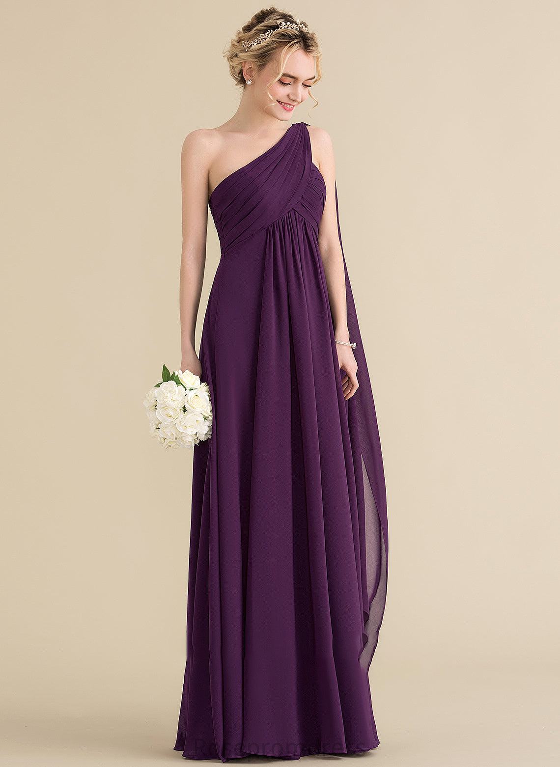 Ruffle Neckline Length Silhouette One-Shoulder A-Line Embellishment Floor-Length Fabric Aurora Sleeveless Empire Waist Bridesmaid Dresses
