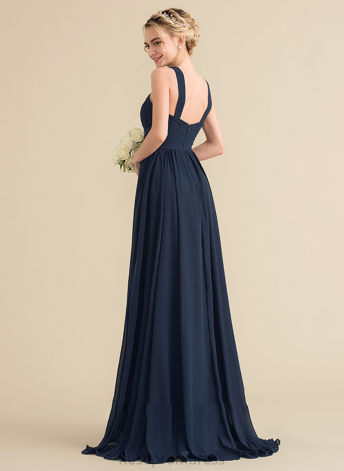 SweepTrain Embellishment Fabric A-Line Silhouette Neckline Length Ruffle V-neck Trudie Bridesmaid Dresses