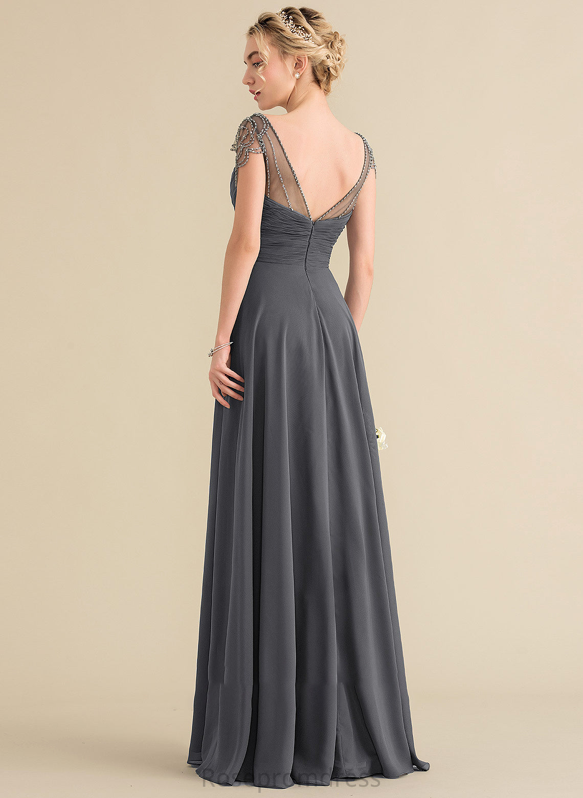 Beading Fabric Embellishment Neckline Silhouette Ruffle Floor-Length Sequins A-Line V-neck Length Aliya Bridesmaid Dresses