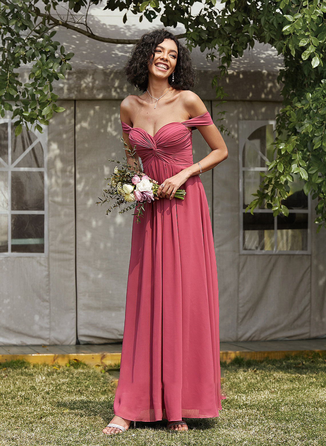 A-Line Ruffle Floor-Length Off-the-Shoulder Length Silhouette Neckline Fabric Embellishment Briley Natural Waist Spaghetti Staps Bridesmaid Dresses