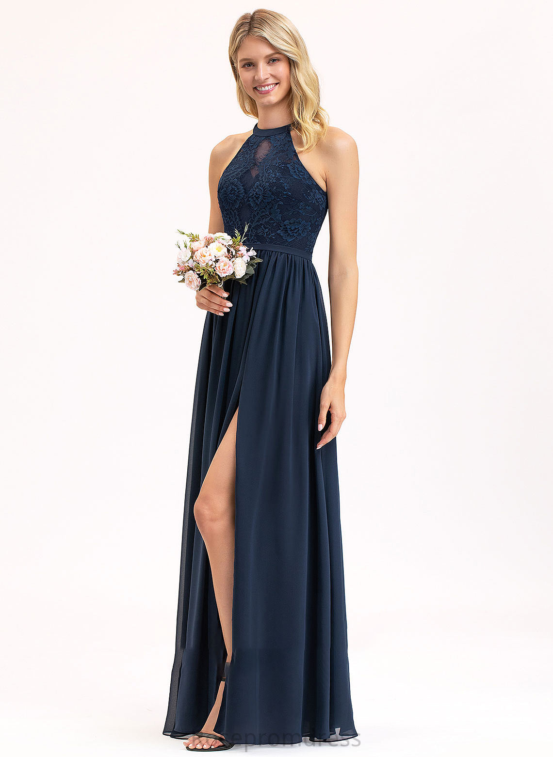 A-Line Fabric Floor-Length Neckline Silhouette SplitFront ScoopNeck Embellishment Length Marisa Short Sleeves Scoop Bridesmaid Dresses