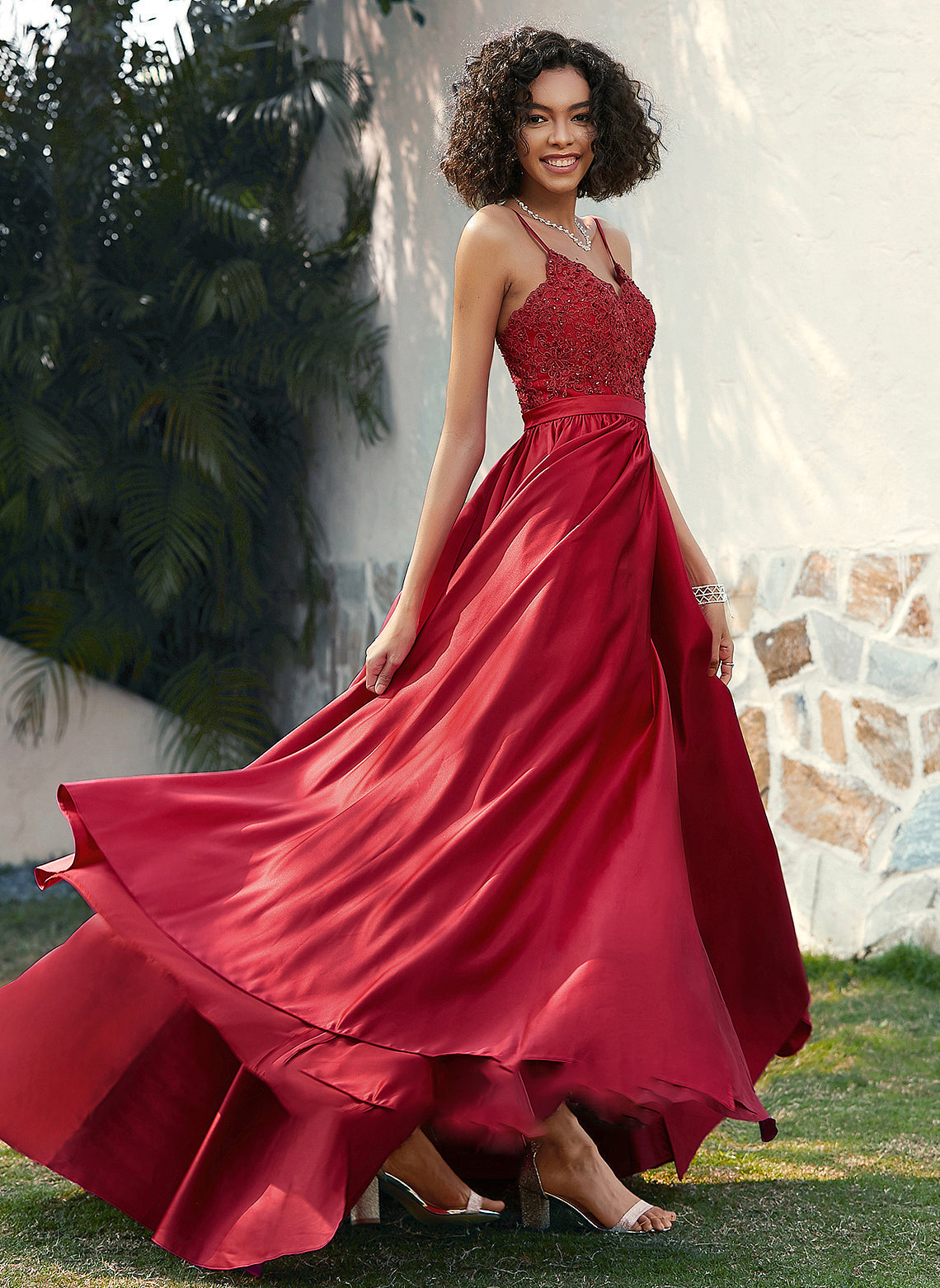 Satin Ball-Gown/Princess V-neck Front Prom Dresses Train Adyson Beading Split Sweep Sequins With