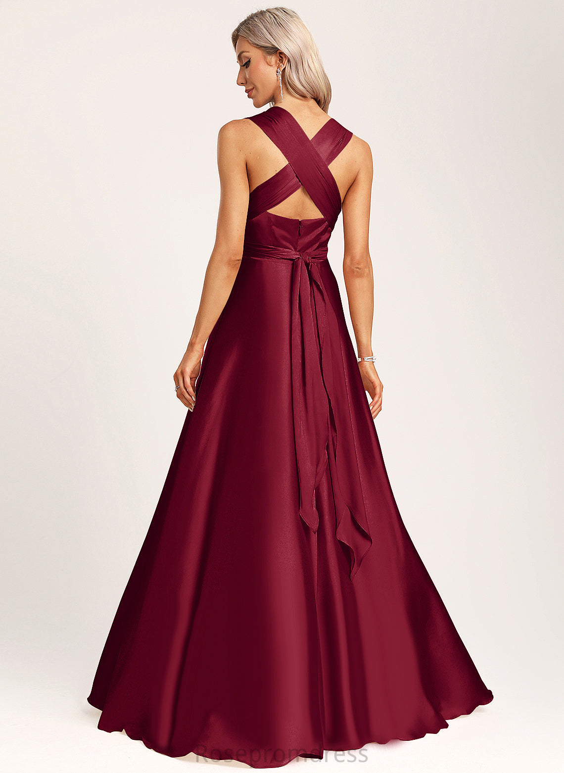 Halter Neckline Satin Fabric Length Floor-Length Silhouette A-Line One-Shoulder Straps&Sleeves V-neck Paisley Bridesmaid Dresses