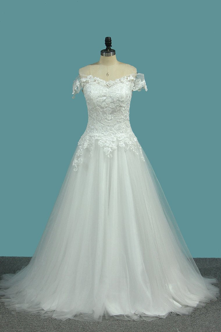 2024 A Line Tulle Off The Shoulder Wedding Dresses With Applique Sweep Train