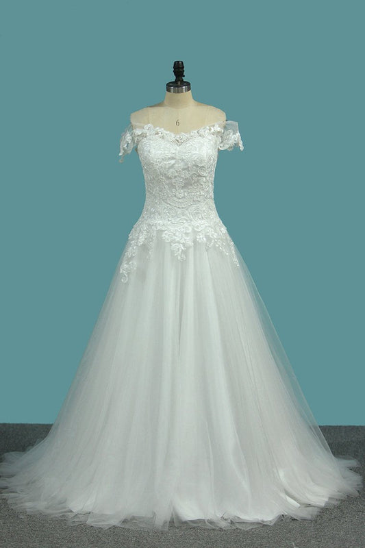 2024 A Line Tulle Off The Shoulder Wedding Dresses With Applique Sweep Train