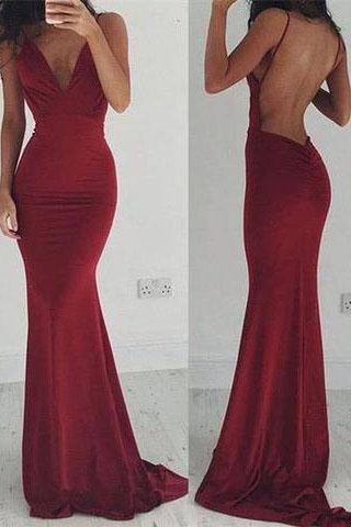 Sexy Backless Cocktail V-Neck Mermaid Spaghetti Straps Sleeveless Burgundy Prom Dresses RS32