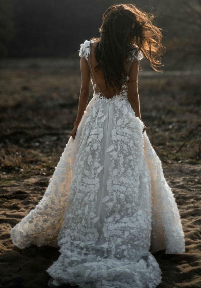 A Line Ivory V Neck Country Wedding Dresses with Appliques, Beach Wedding Gowns SRS15548