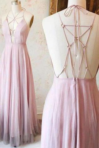 Sexy Pink V-Neck Long Chiffon Tulle Backless Sleeveless Floor-Length Prom Dresses RS758