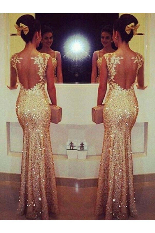 Scoop Mermaid Prom Dresses Sequins With Applique Floor Length Long Sleeves