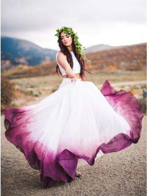 Flowy Two Pieces White Straps Prom Dresses Bateau Fuchsia Dyed Chiffon Wedding Dress SRS15233