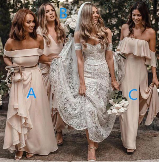 A Line Off the Shoulder Chiffon Cheap Two Pieces Backless Bridesmaid Dresses SRS15492