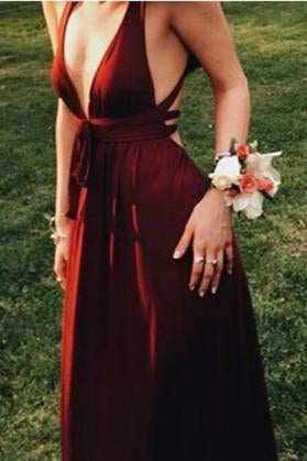 Sexy Burgundy Deep V-Neck Sleeveless Floor-Length Backless Prom Dresses RS681