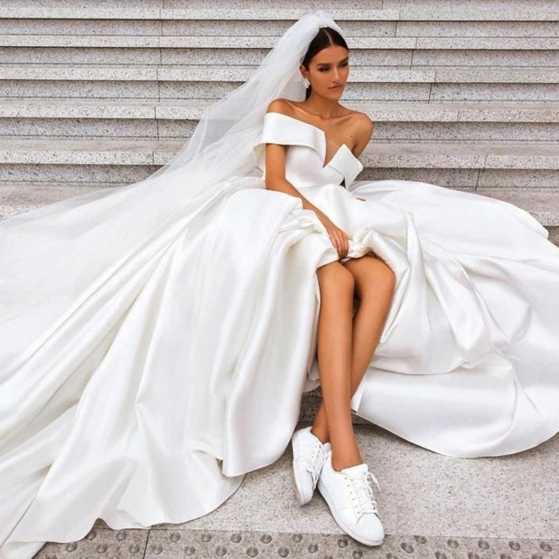 Ball Gown Off the Shoulder White Satin Wedding Dresses, Simple Cheap Wedding Gowns SRS15065