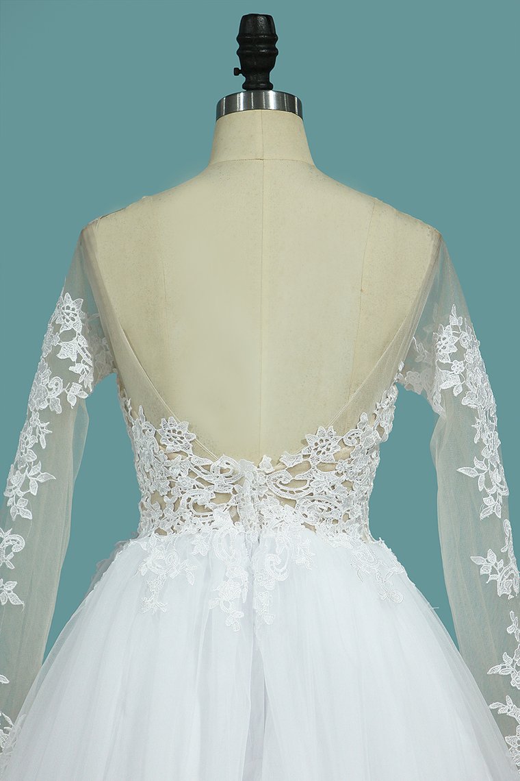 2024 Wedding Dresses Bateau Long Sleeves A Line With Applique Tulle Open Back