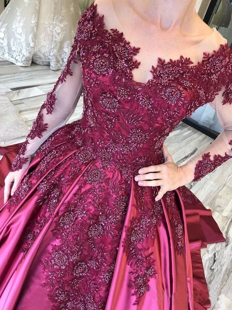 Ball Gown Long Sleeves Burgundy Satin Beads Prom Dresses with Appliques, Quinceanera Dress SRS15498