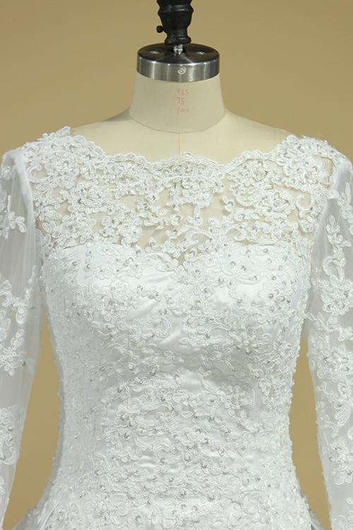 A Line Long Sleeves White Lace Appliques Satin Beads Open Back Wedding Dresses RS815