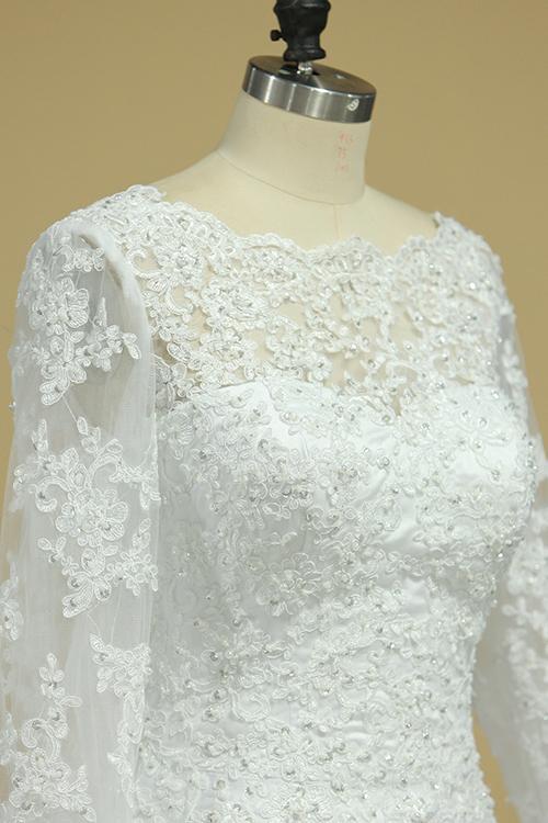 A Line Long Sleeves White Lace Appliques Satin Beads Open Back Wedding Dresses RS815