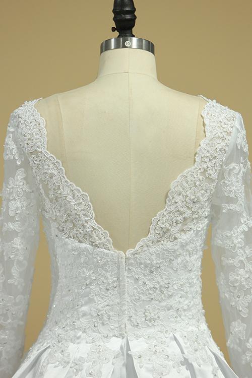 A Line Long Sleeves White Lace Appliques Satin Beads Open Back Wedding Dresses RS815