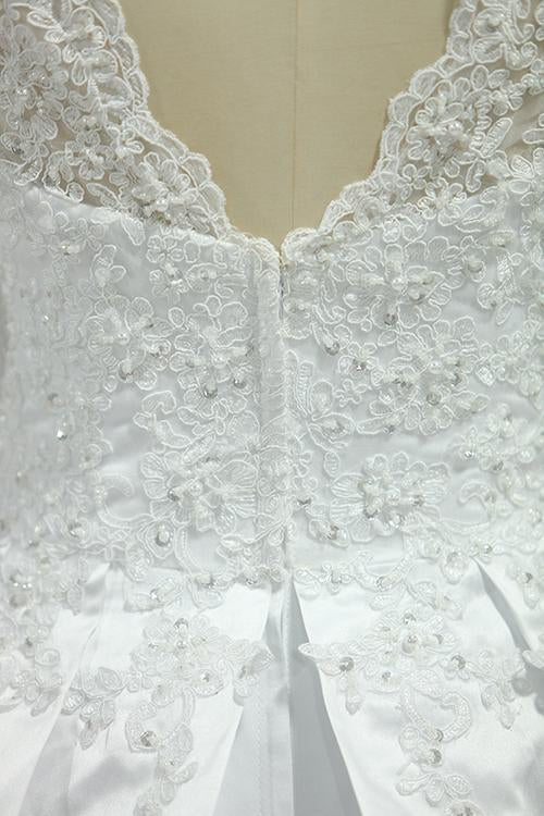 A Line Long Sleeves White Lace Appliques Satin Beads Open Back Wedding Dresses RS815