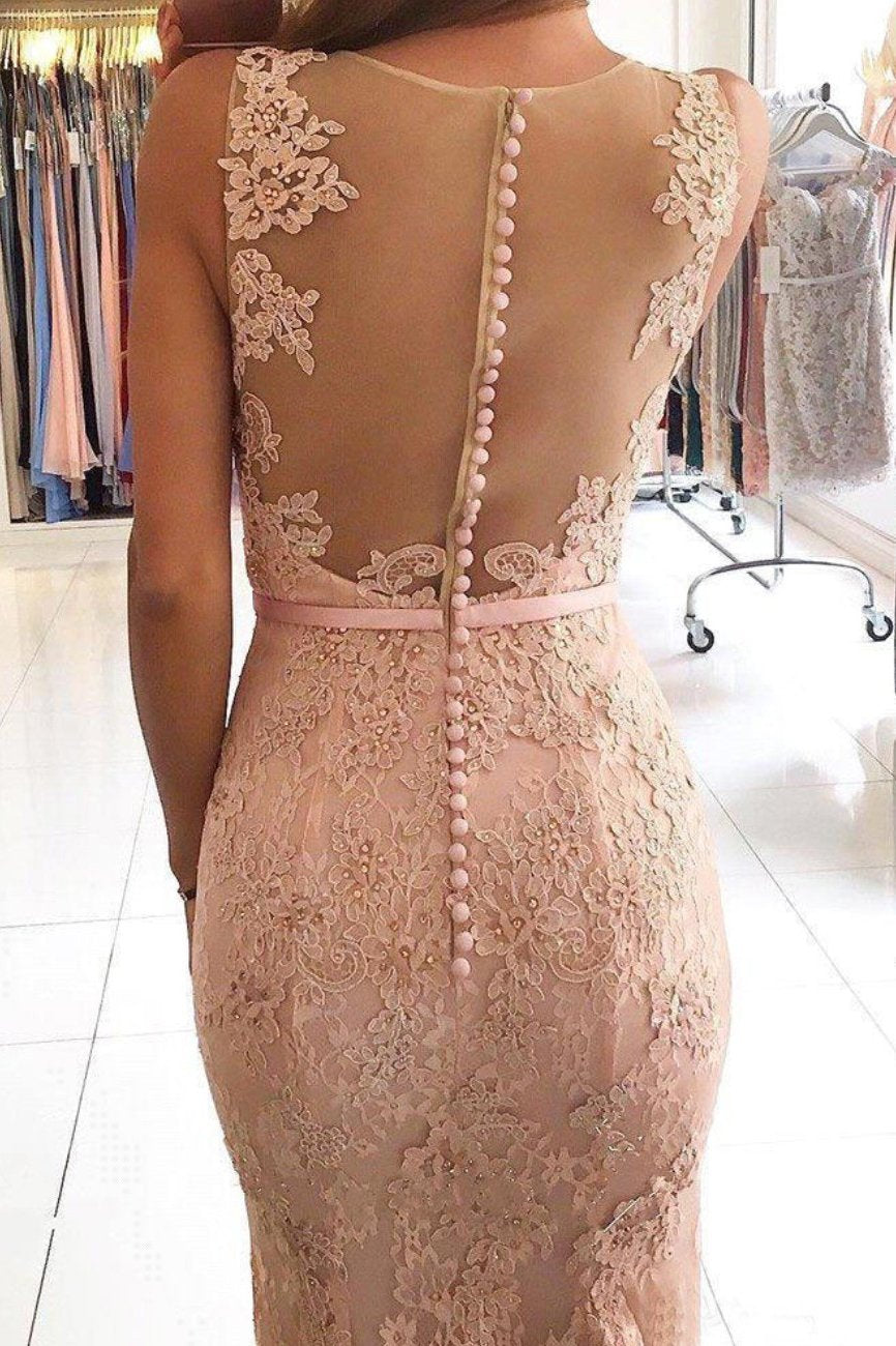 Sexy Mermaid Lace Appliques V Neck Beads Sleeveless Long Prom Dresses RS37