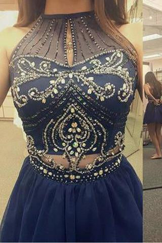 High Neck Halter Navy Blue Tulle Skirt Sleeveless Two Piece Short Prom Homecoming Dress RS74