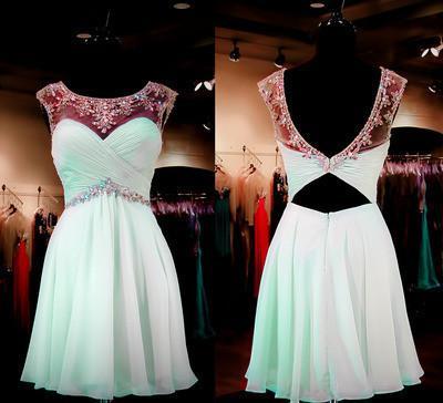 Mint Homecoming Dress A-line Empire Open Back Chiffon with Beaded Short Prom Dress RS902