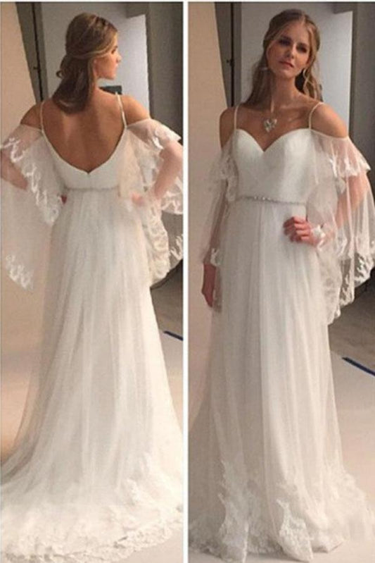 A Line Spaghetti Straps Sweetheart Lace Illusion Sleeves Backless Beach Wedding Dresses RS711