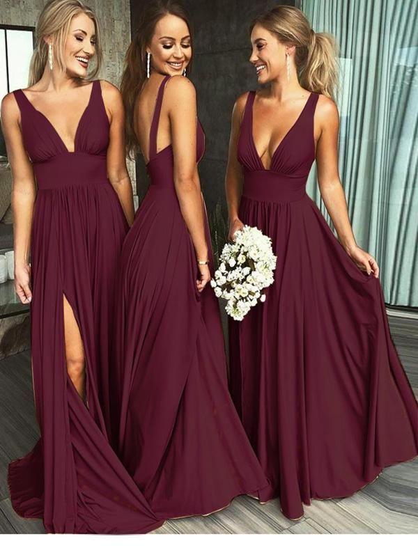 A Line Burgundy V Neck Ruffles Slit Bridesmaid Dresses Long Cheap Prom Dresses RS585
