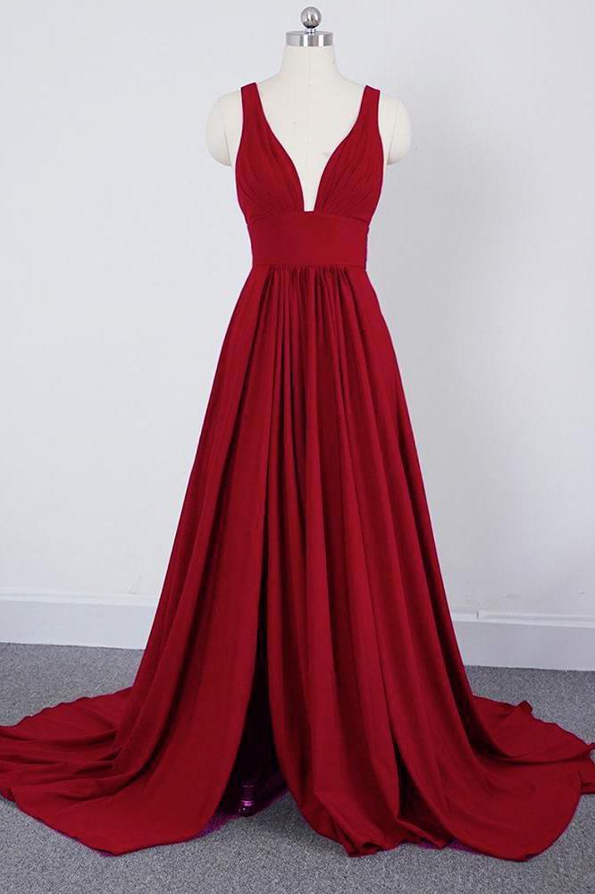 A Line Burgundy V Neck Ruffles Slit Bridesmaid Dresses Long Cheap Prom Dresses RS585