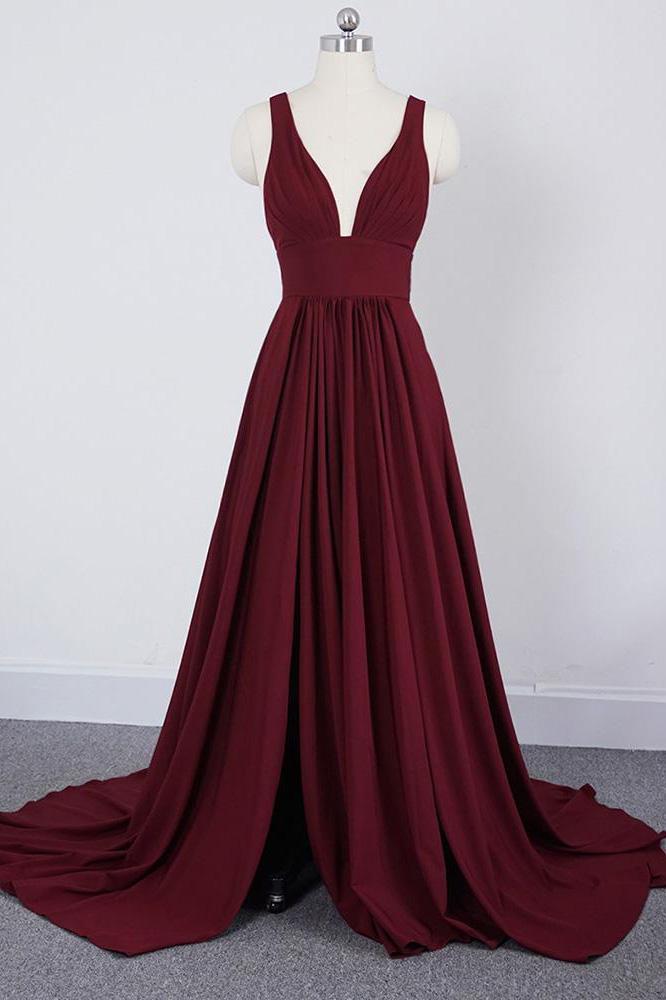 A Line Burgundy V Neck Ruffles Slit Bridesmaid Dresses Long Cheap Prom Dresses RS585