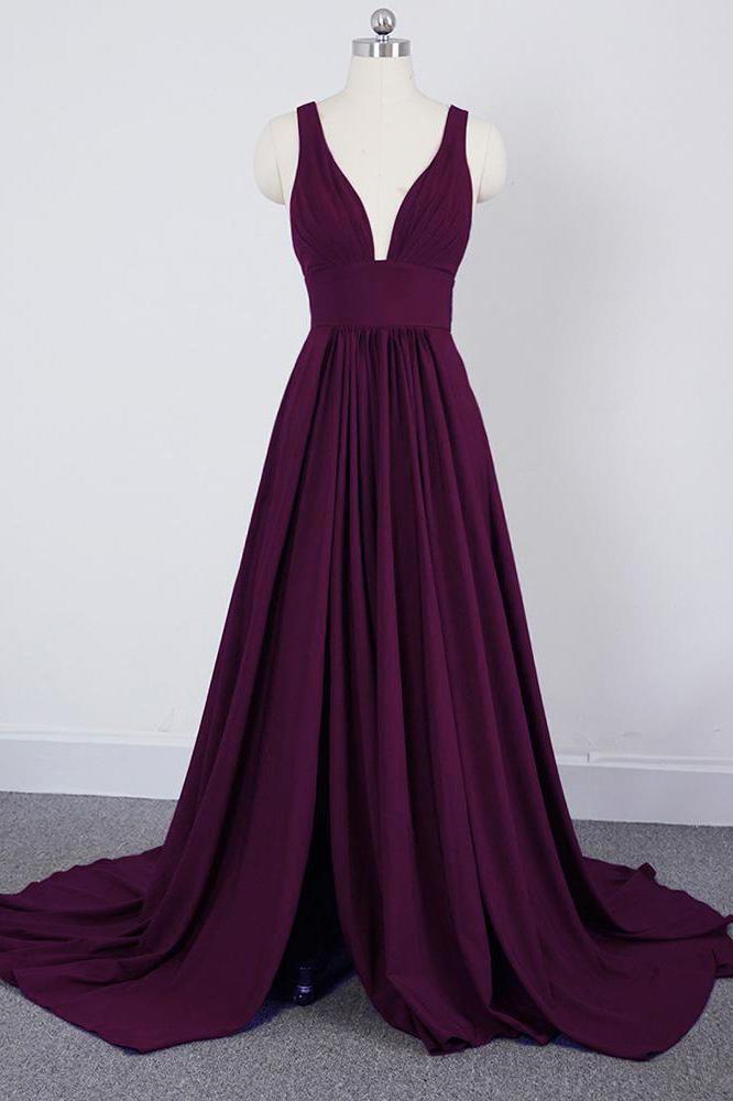 A Line Burgundy V Neck Ruffles Slit Bridesmaid Dresses Long Cheap Prom Dresses RS585