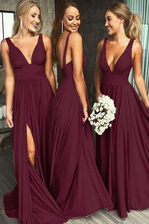 A Line Burgundy V Neck Ruffles Slit Bridesmaid Dresses Long Cheap Prom Dresses RS585