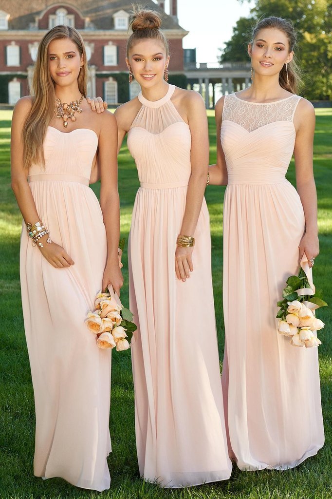 A Line Chiffon Blush Pink Formal Floor Length Cheap Bridesmaid Dresses Prom Dresses RS836