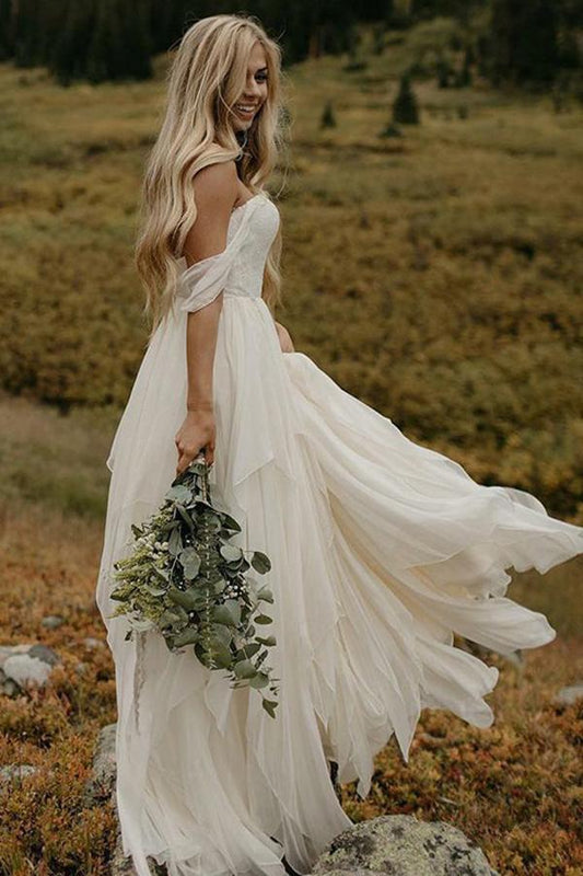 A Line Chiffon Ivory Off the Shoulder Sweetheart Beach Wedding Dresses RS581