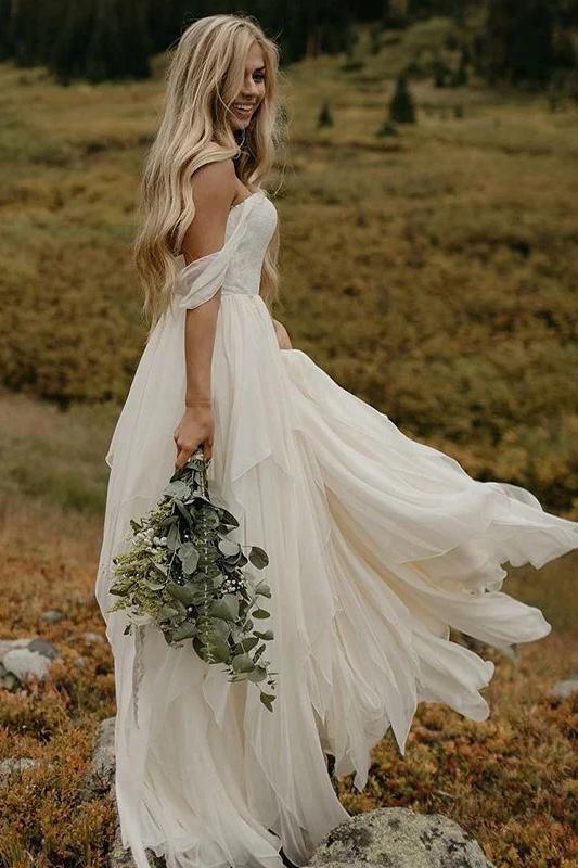 A Line Chiffon Ivory Off the Shoulder Sweetheart Beach Wedding Dresses RS581