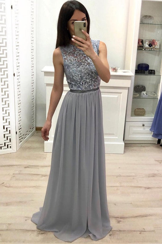 A Line Chiffon Long Prom Dresses Cheap Sleeveless Lace Appliques Bridesmaid Dresses RS904