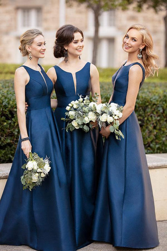 A Line Dark Navy Scoop Sleeveless Long Prom Dresses Simple Bridesmaid Dresses BD1000