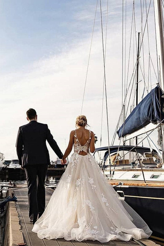 A Line Floral Appliques Beach Wedding Dresses Backless Tulle Boho Wedding Gowns JS947