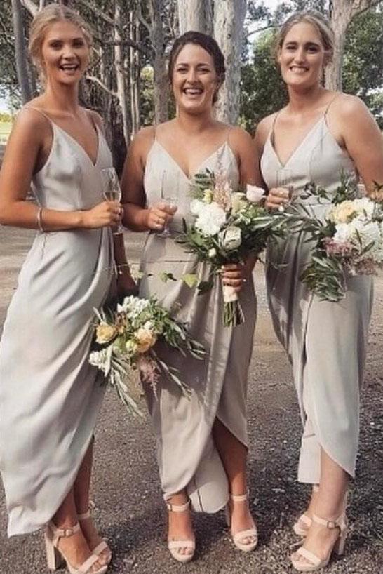 A Line Gray Spaghetti Straps V Neck Middle Slit Prom Dresses Bridesmaid Dresses RS912