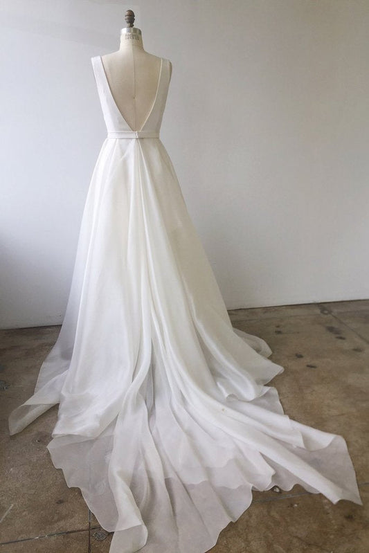 A Line Ivory Chiffon Long Wedding Gowns V Neck Straps V Back Beach Wedding Dresses W1037