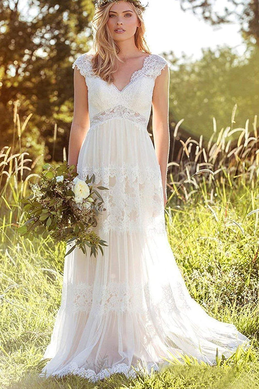 A Line Lace Straps Wedding Dresses, Ivory Backless Long Bridal Dresses PW817