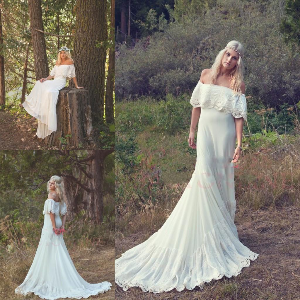 A Line Off the Shoulder Bohemian Lace Chiffon Ivory Summer Beach Wedding Dresses RS712