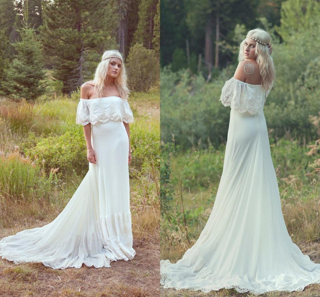 A Line Off the Shoulder Ivory Lace Beach Wedding Dresses Chiffon Bridal Dress W1096