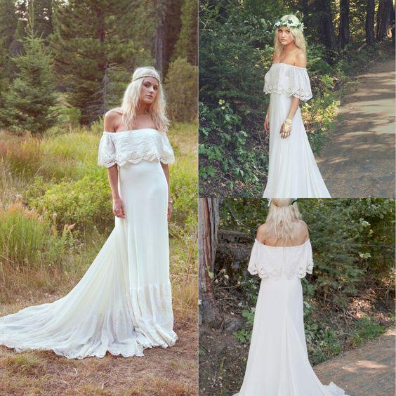 A Line Off the Shoulder Ivory Lace Beach Wedding Dresses Chiffon Bridal Dress W1096